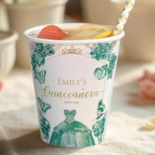 Gobelets En Papier Serviettes de Quinceanera Emerald Green Robe Flora