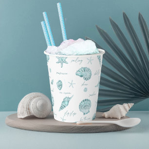 Gobelets En Papier Shells Starfish Sun Fun Texte Turquoise ID918