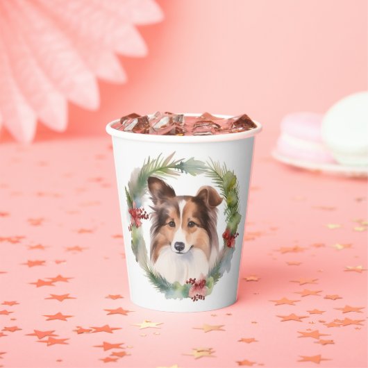 Gobelets En Papier Shetland Sheepdog Christmas Wreath Festive Pup (Insitu)