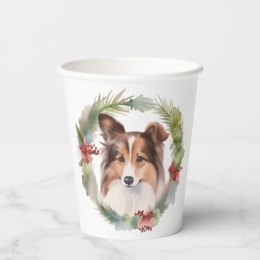 Gobelets En Papier Shetland Sheepdog Christmas Wreath Festive Pup (Verso)