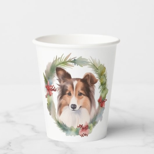 Gobelets En Papier Shetland Sheepdog Christmas Wreath Festive Pup (Recto)