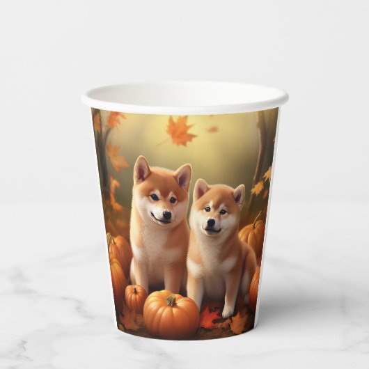 Gobelets En Papier Shiba Inu Chiot Automne Citrouille de plaisir (Verso)