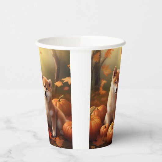 Gobelets En Papier Shiba Inu Chiot Automne Citrouille de plaisir (Gauche)
