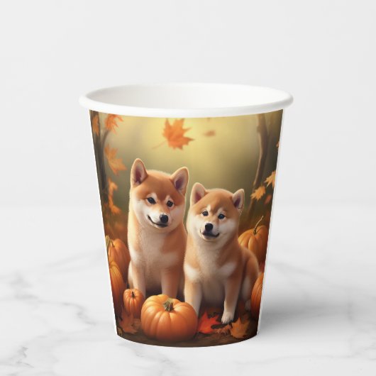 Gobelets En Papier Shiba Inu Chiot Automne Citrouille de plaisir (Recto)