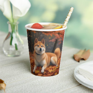 Gobelets En Papier Shiba Inu dans les feuilles d'automne tombent insp