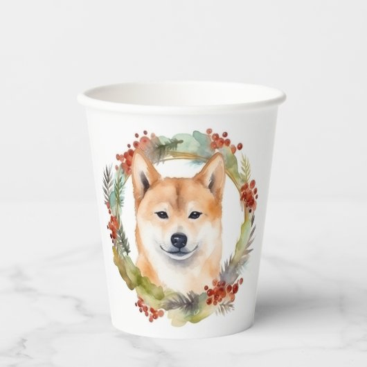 Gobelets En Papier Shiba Inu Festive de la couronne de Noël Coupe (Recto)