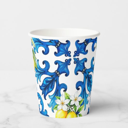 Gobelets En Papier sicilien, été, citron, mosaïque, bleu (Verso)