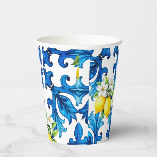 Gobelets En Papier sicilien, été, citron, mosaïque, bleu (Droite)