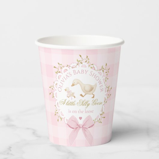 Gobelets En Papier Silly Goose Pink Gingham Bow Baby Shower (Verso)