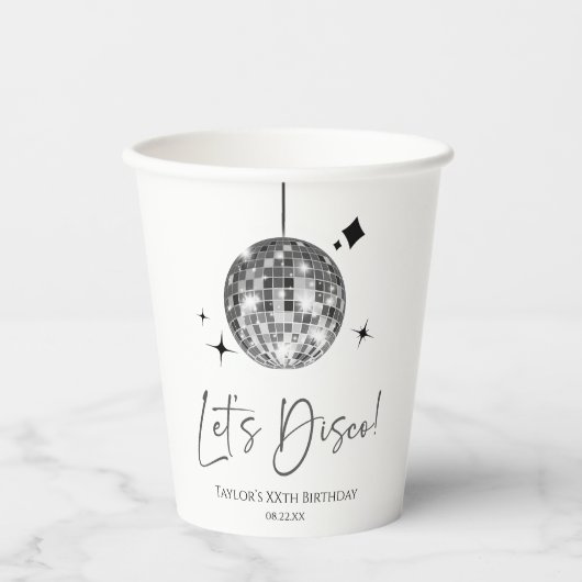 Gobelets En Papier Silver Disco Ball Let's Disco fête d'anniversaire (Recto)