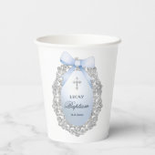 Gobelets En Papier Silver Glitter Frame Blue Bow Baptism (Verso)