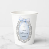 Gobelets En Papier Silver Glitter Frame Blue Bow Baptism (Recto)