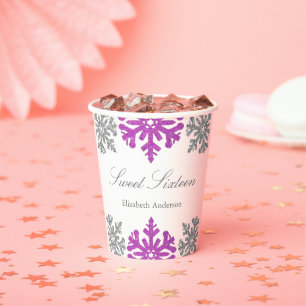 Gobelets En Papier Silver Purple Flocon de neige Sweet hiver 16