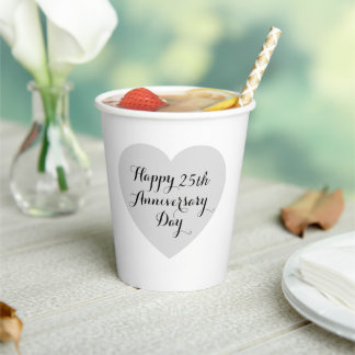 Gobelets En Papier Simple Happy 25th Anniversary Silver Heart Elegant