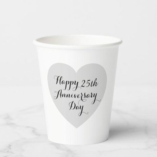Gobelets En Papier Simple Happy 25th Anniversary Silver Heart Elegant (Recto)