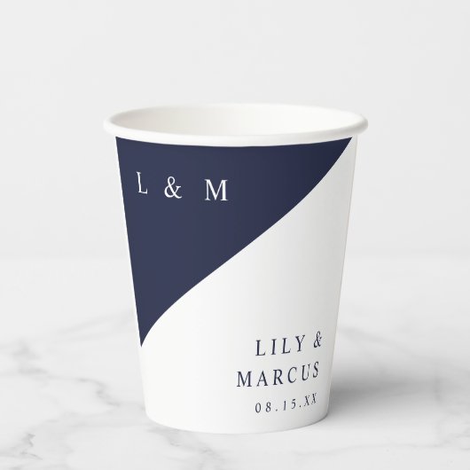 Gobelets En Papier Simple Marine Bleu Blanc Élégant Mariage Monogramm (Verso)