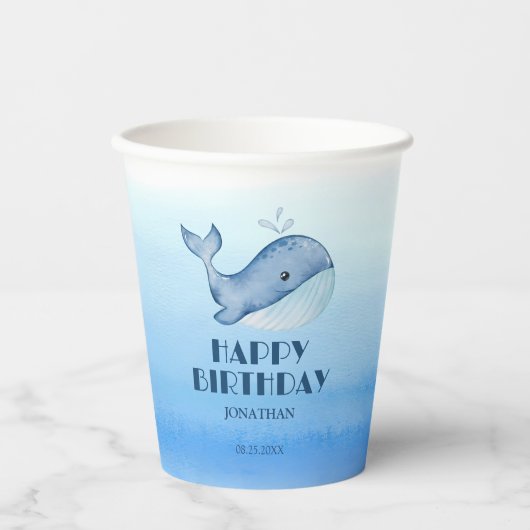 Gobelets En Papier Simple mignonne Baleine Bleu Mer Joyeux Anniversai (Recto)
