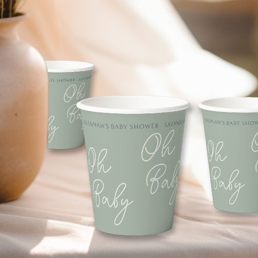 Gobelets En Papier Simple moderne Oh Baby Script Sage Douche verte