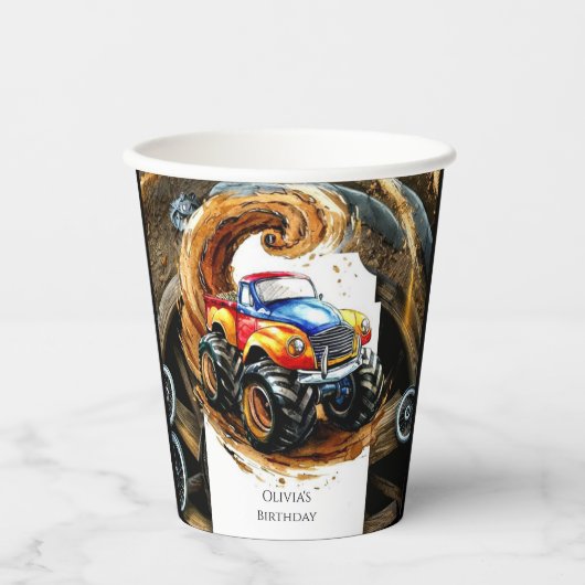 Gobelets En Papier Simple Road Monster Truck Anniversaire (Recto)