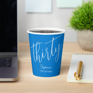 Gobelets En Papier Simply Modern Script Blue 30th Birthday Party