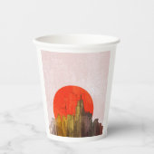Gobelets En Papier Skyline urbain avec Red Sun Grunge Cityscape (Recto)