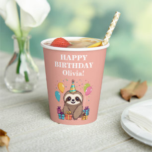 Gobelets En Papier Sloth Girl joyeuse fête d'anniversaire rose person