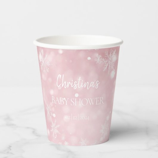 Gobelets En Papier Snowflake Winter Wonderland Baby shower rose (Recto)