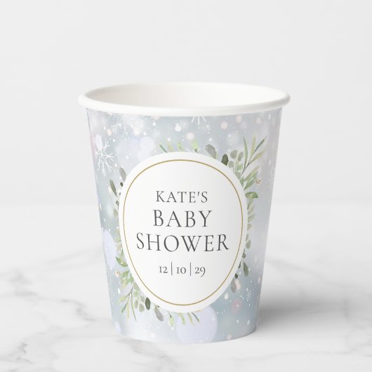 Gobelets En Papier Snowflakes d'hiver Baby shower verdoyant (Recto)