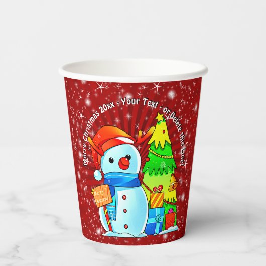 Gobelets En Papier Snowman Noël Arbre Présente Année Texte Rouge (Verso)