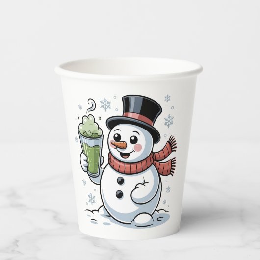 Gobelets En Papier Snowman tenant Matcha Boire Noël (Recto)