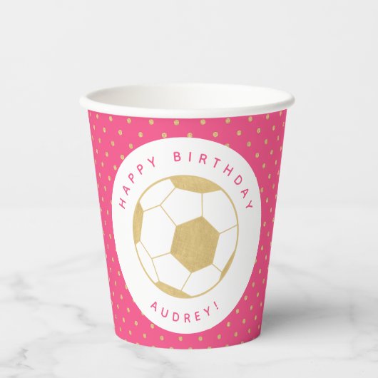 Gobelets En Papier Soccer Party Sports Nom personnalisé en or et rose (Recto)