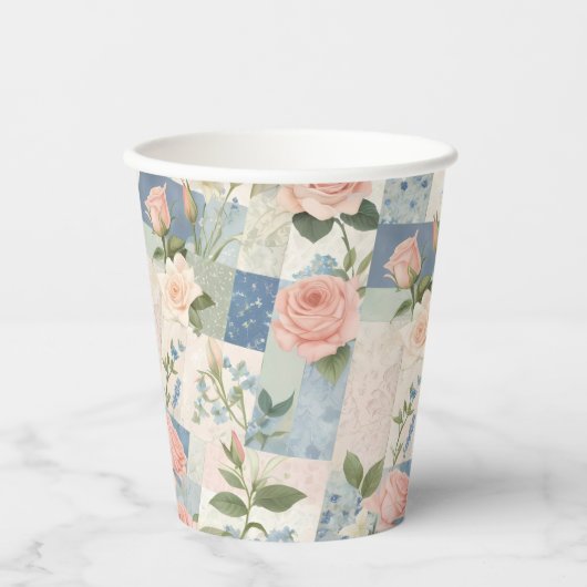 Gobelets En Papier Soft Feminine Florale Rose Et Patchwork Bleu (Recto)