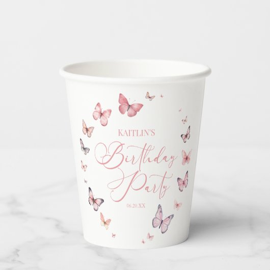 Gobelets En Papier Soft rose papillon fête d'anniversaire (Verso)