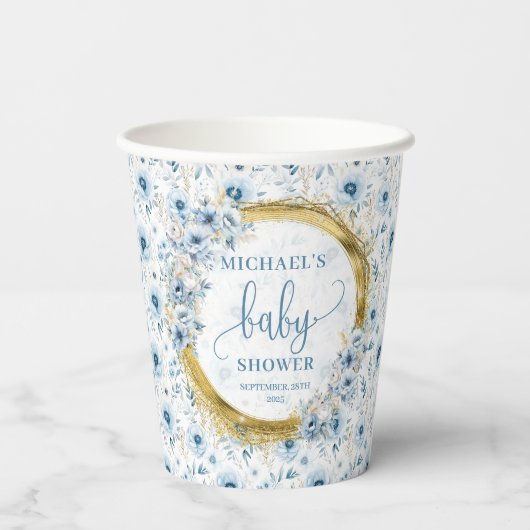 Gobelets En Papier Soignée pastel bleu fleurs or boho douche party (Verso)