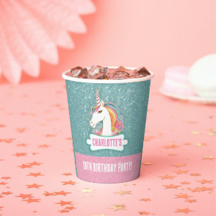 Gobelets En Papier Soirée d'anniversaire rose et bleu licorne