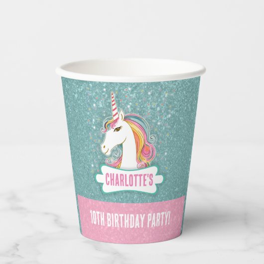 Gobelets En Papier Soirée d'anniversaire rose et bleu licorne (Recto)