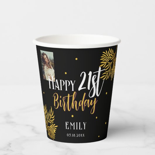 Gobelets En Papier Soirée photo élégante 21e anniversaire Gold Foliag (Recto)