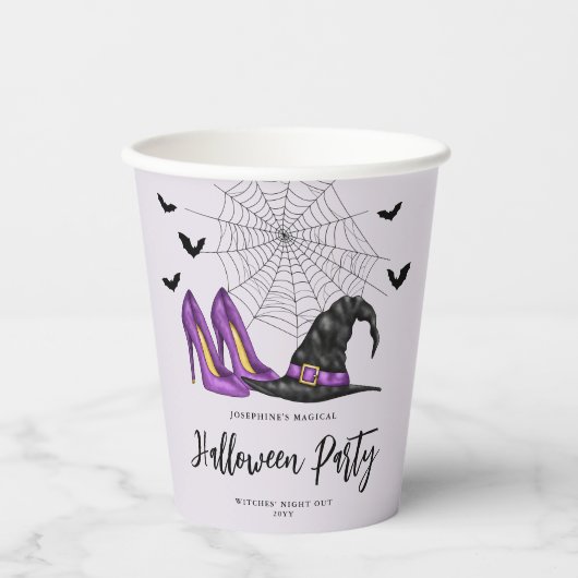 Gobelets En Papier Sorcière Casquette Avec Chaussures Et Bats Violet (Recto)