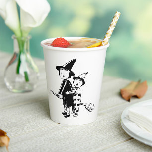 Gobelets En Papier Sorcière et clown d'Halloween chevauchant un balai