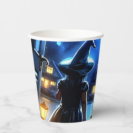 Gobelets En Papier Sorcière et clown regardant un Halloween monstre (Recto)