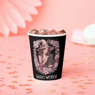Gobelets En Papier Sorcière Fleurie Rose et Chat Noir Coquette