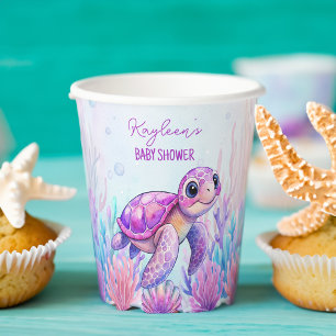 Gobelets En Papier Sous la mer mignonne tortue baby shower rose pourp