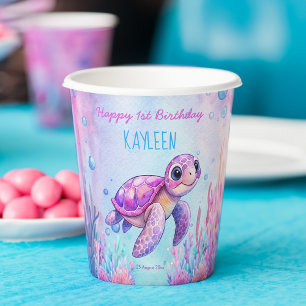 Gobelets En Papier Sous la mer mignonne tortue rose violet anniversai