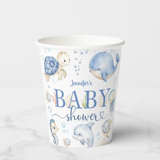 Gobelets En Papier Sous le Baby shower marin Océan bleu (Verso)