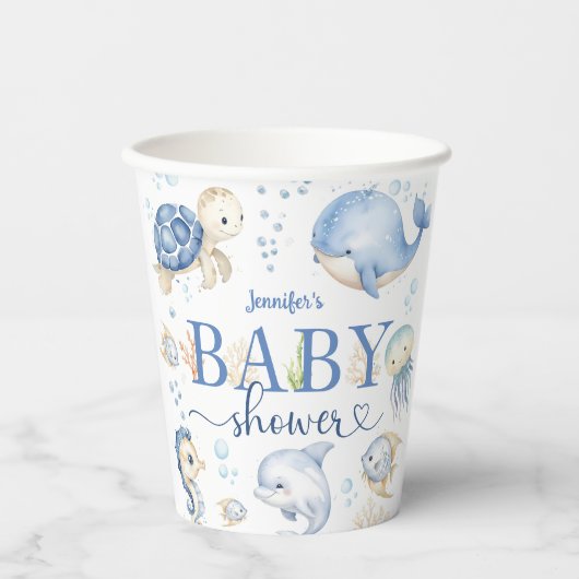 Gobelets En Papier Sous le Baby shower marin Océan bleu (Recto)