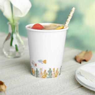 Gobelets En Papier Sous les tasses de mer Algues et poissons