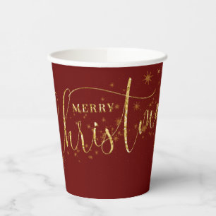 Gobelets En Papier Sparkly Faux Gold Flake Joyeux Noël en rouge