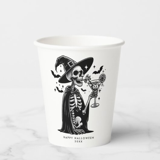 Gobelets En Papier Squelette noir et blanc Halloween Party (Recto)