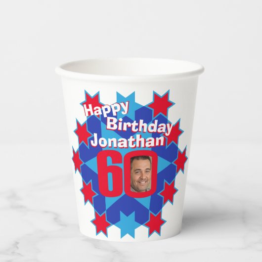 Gobelets En Papier Star rouge bleu 60e anniversaire deux photos tasse (Recto)