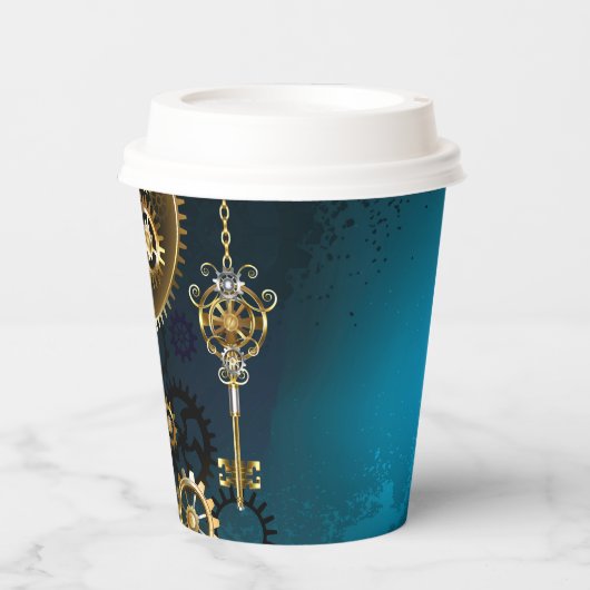 Gobelets En Papier Steampunk Arrière - plan turquoise avec Gears (Recto)